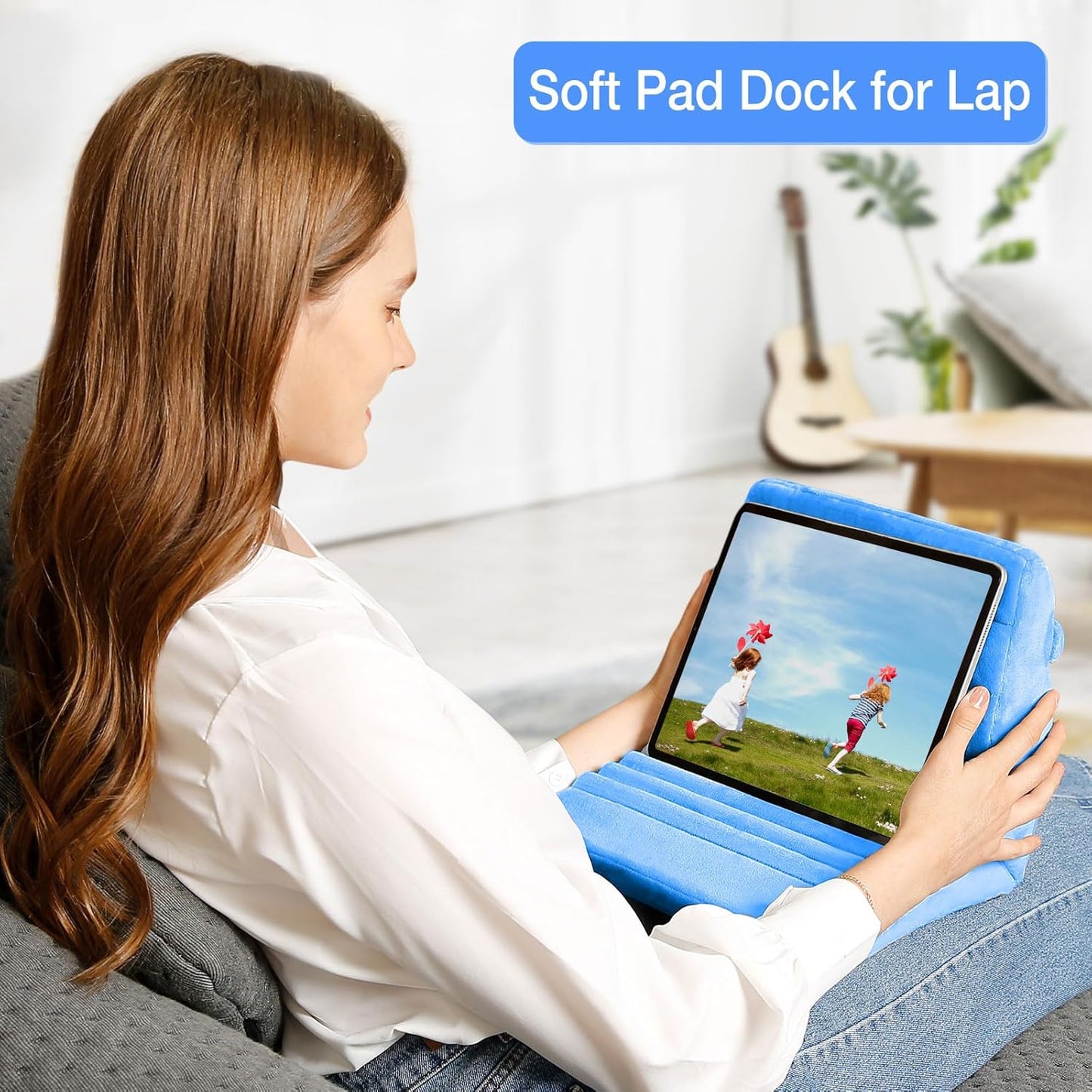 MOSISO Tablet Pillow Stand,Soft Tablet Holder for Lap,Tablet Soft Pad Dock with Pockets&Stylus Slot&4 Viewing Angles Compatible with iPad Pro 12.9,11,10.5,9.7,Air Mini 6,5,4,3, E-Reader, Royal Blue