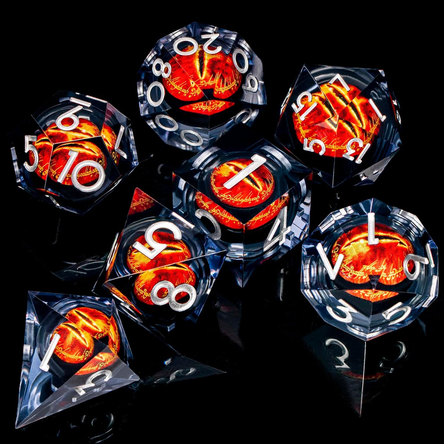 ARUOHHA DND Resin Dice Gazes Eye Dice Liquid Core Flaming RPG Sharp Edged Dice Set with Gift Box, Polyhedral D and D Dice Set Compatible with Dungeons Dragons Role Playing Game D20 D12 D10 D8 D6