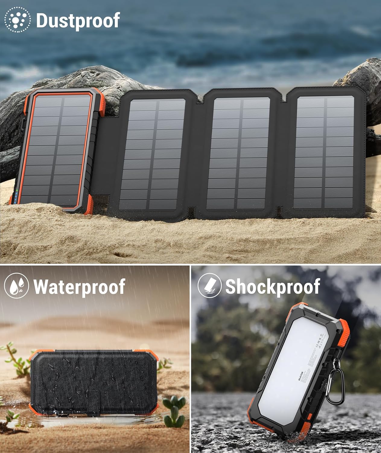 BLAVOR Solar Charger Power Bank, PD 18W Fast Charging 20000mAh Battery Pack with 4 Foldable Panels, Portable Solar Powered USB C Charger with Camping Flashlight Compass Carabiner for Cell Phone