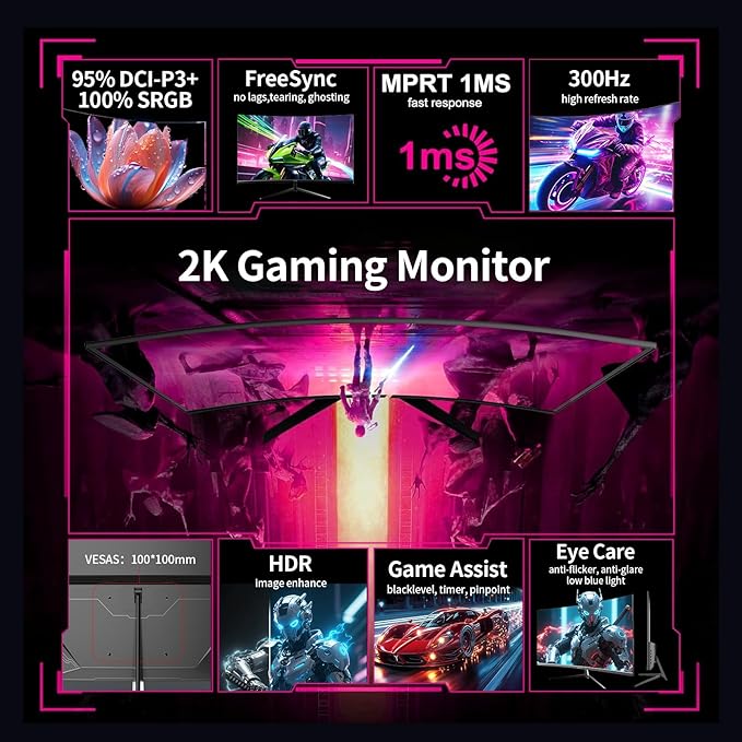ZZA 32 Inch Curved Gaming Monitor, QHD 2560x1440, Ultra 300Hz & 240Hz Refresh Rate, Computer Monitor VA Panel,1500R, 1ms, HDR, AMD FreeSync Premium, NVIDIA G-SYNC Compatible