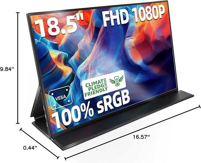 Ingnok Portable Monitor, 18.5 Inch FHD 1080P 100% sRGB Laptop Screen Extender USB C HDMI Portable Gaming Monitor w/Smart Cover & Speakers, External Monitor for Laptop Mac PC