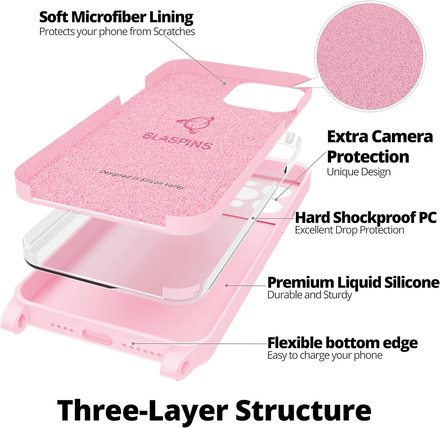 Blaspins Crossbody Lanyard Strap Case for iPhone 14, Neck Cross Body, Adjustable Holder Removable, Drop Protection Shockproof, Hands-Free Silicone Case Cover 6.1 inch, 150 cm Strap, iPhone 14 - Pink