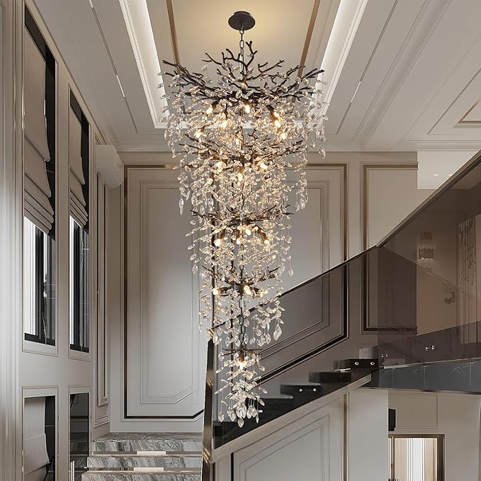 YUYI 63" Long Crystal Chandelier for High Ceiling, 28-Light Black Tree Branch Chandelier, Modern Large Chandeliers for Staircase, Foyer, Entryway, Living Room, 5-Tier Luxury K9 Raindrop Light Fixture