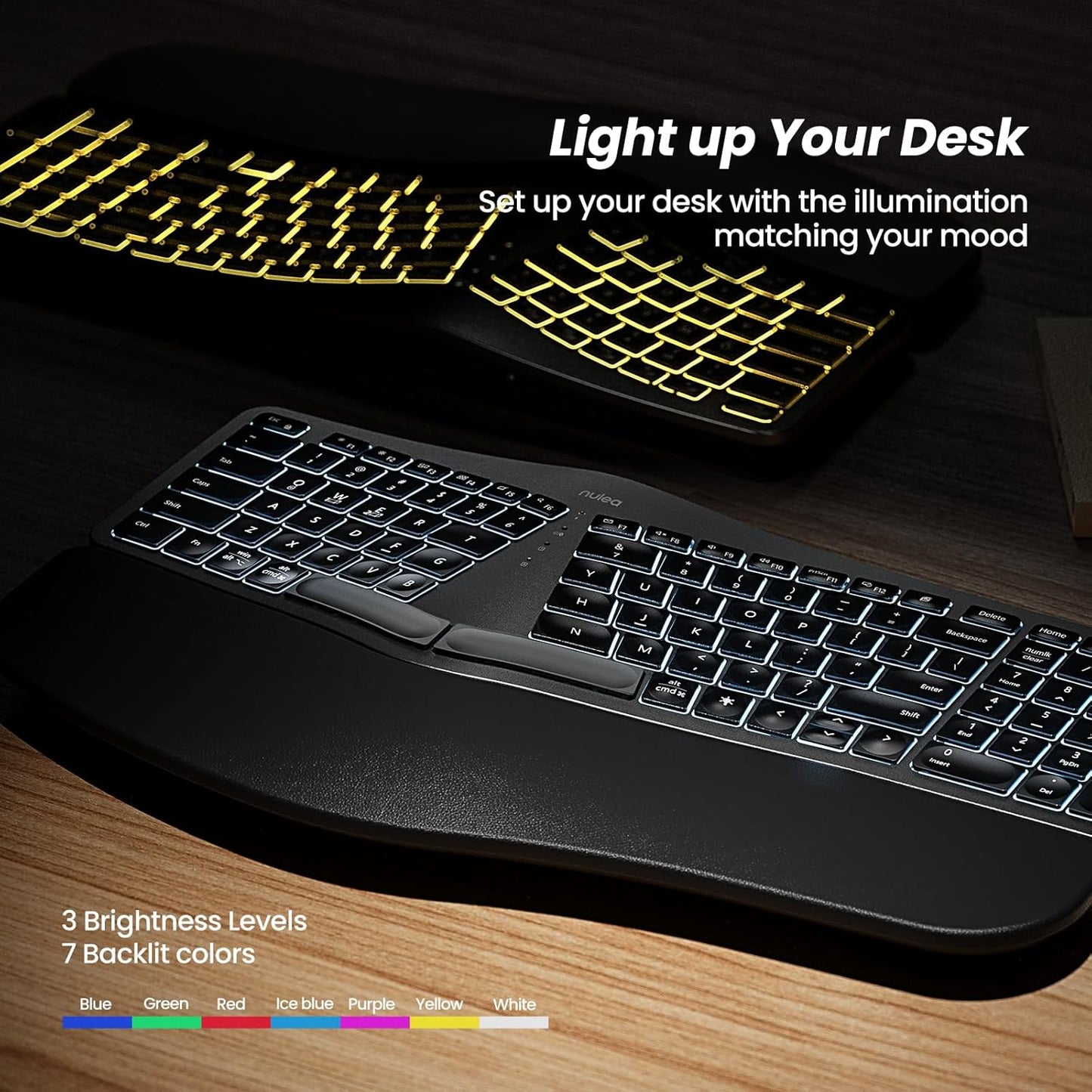 Nulea RT05 Wireless Ergonomic Keyboard, Split Keyboard with Wrist Rest, USB-C Charging, 7-Color Backlight, Natural Typing, Bluetooth and USB Connectivity, Compatible with Windows,Mac