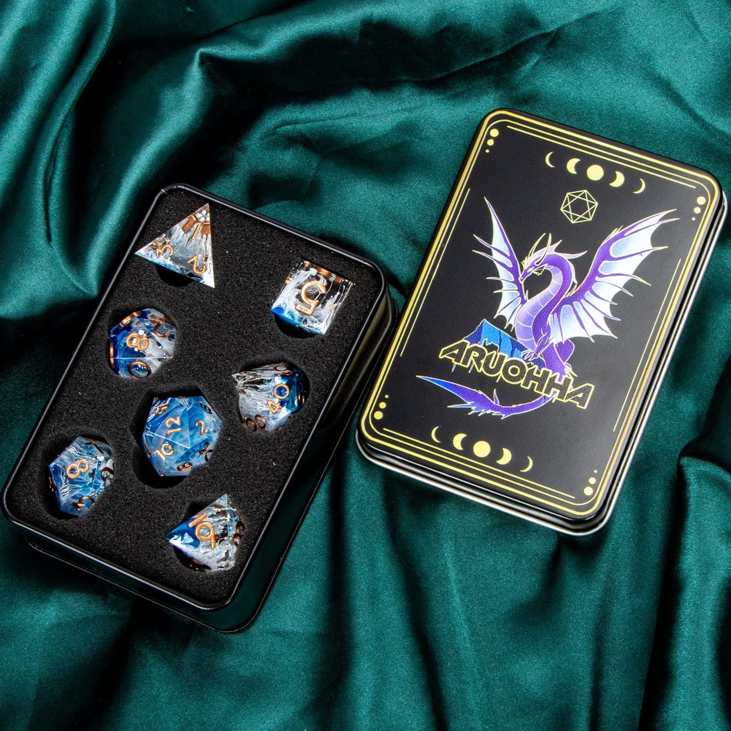 ARUOHHA Blue DND Resin Dice Set 7PCS Translucent Handmade RPG Polyhedral Sharp Edge Dice Set with Gift Box, Glitter Inclusions D and D Dice D20 D12 D10 D8 D6 D4