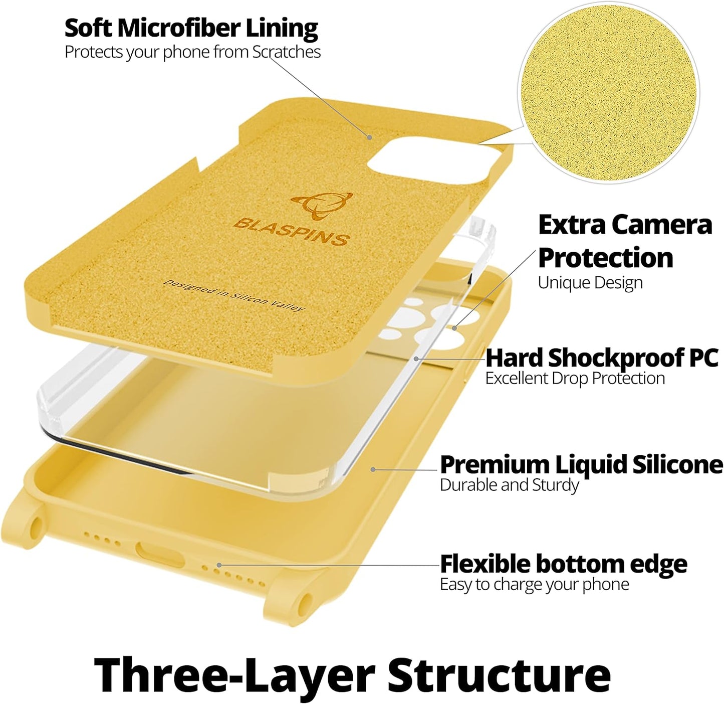 Blaspins Crossbody Lanyard Strap Case for iPhone 13 Mini, Neck Cross Body, Adjustable Holder Removable, Drop Protection Shockproof, Hands-Free Silicone Case 5.4 inch, 150 cm Strap, iP13mini - Yellow