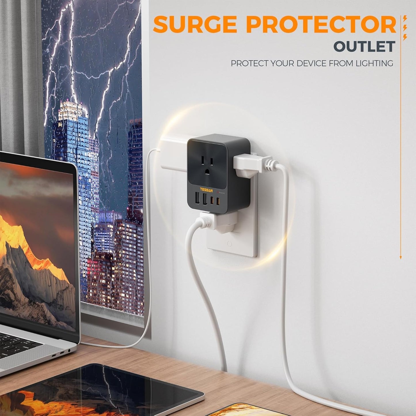 30W Wall Charger, TESSAN Fast Charging Multi Plug Adapter with 3 Outlet Extender Surge Protector, Multiple Plug with 4 USB Block Power Delivery (2 USB C Ports) for Home Office Essentials