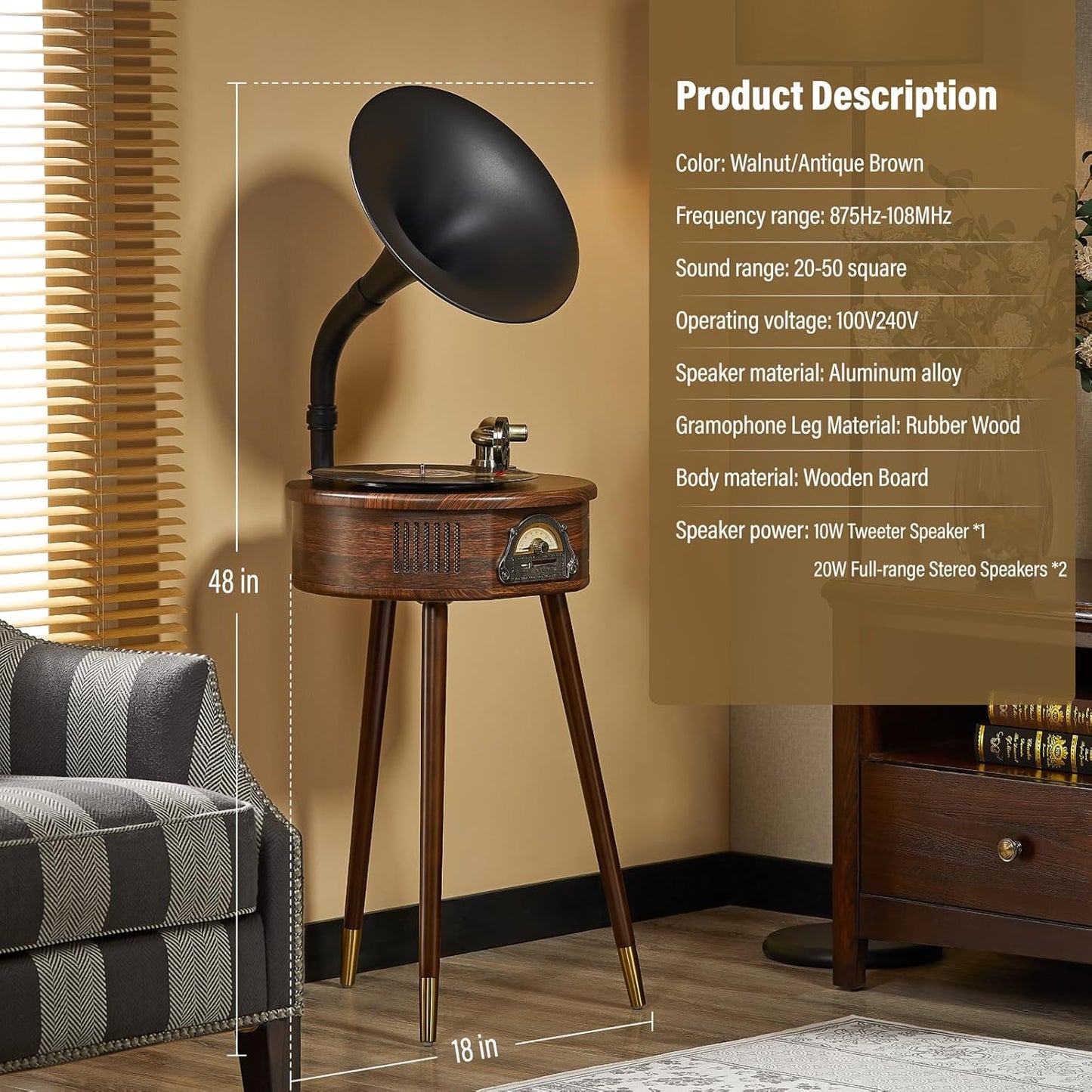 Gramophone Record Player,Italian Style Gramophone Vinyl Record Player with Control/Bluetooth/USB/FM Vintage Record Players Turntables 2 Speed(33/45), Hi-Fi, Classic Tripod Retro Wooden Design