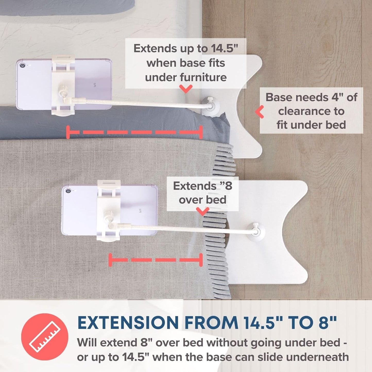 LEVO Adjustable Height Floor Stand for Tablet & Phone - Gooseneck Holder Mount with Stable Base - Compatible with All Cell Phones & Tablets (4-13 inch) - White