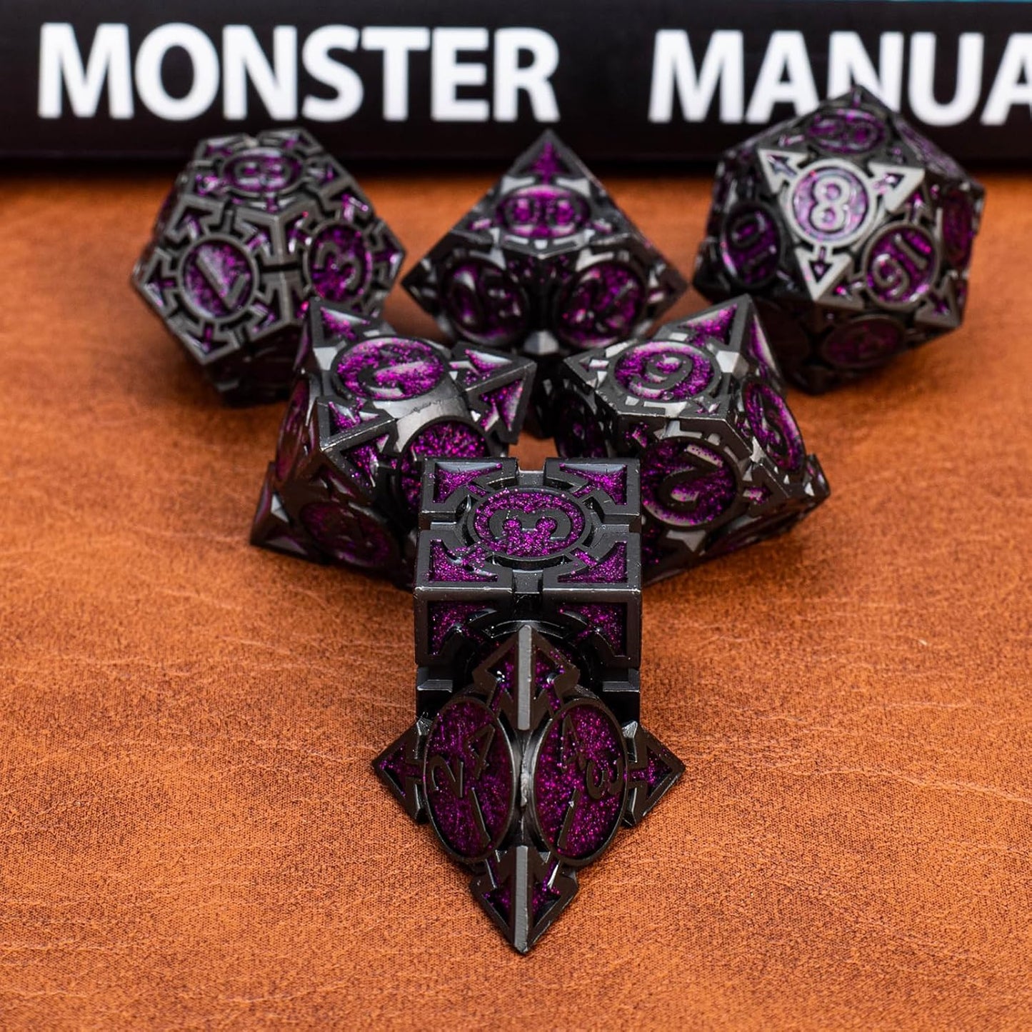 Purple Black Nickel Finish Heavy Metal DND Dice Set (Warlock) with A Metal Box, Sharp Edge Zinc Alloy D&D Accessories, D4-D20, Designed for Dungeons & Dragons Master, RPG Player, Starter