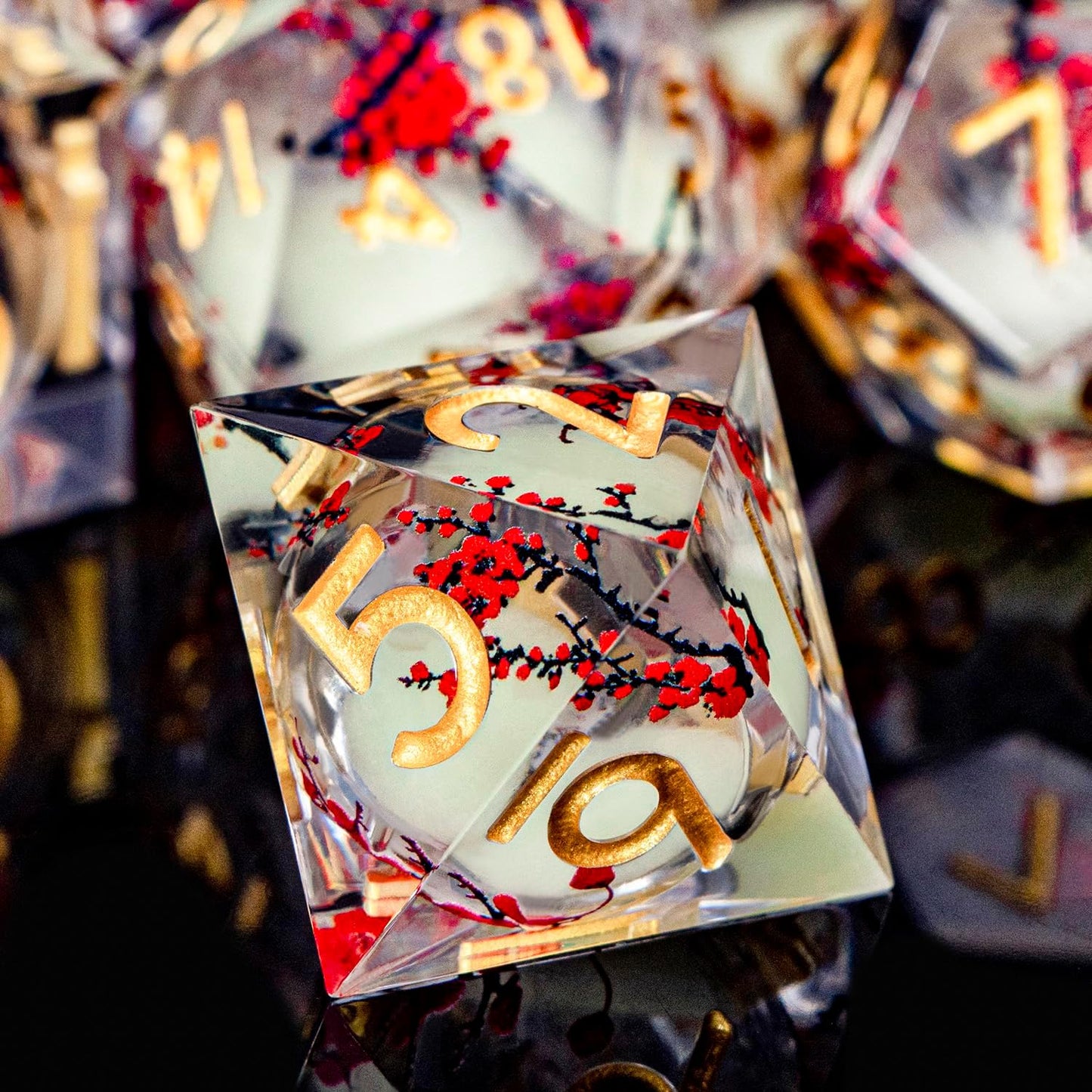 Plum Blossom DND Dice Yellow Noctilucent Liquid Core Dice Set with Metal Box, Handmade Sharp Edge Dice D and D Polyhedral Dice for use with D&D RPG Role Playing Game