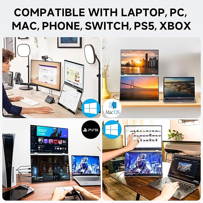 U16 Pro 16" Dual Portable Monitor Touchscreen, 1200P FHD Laptop Screen Extender with USB-C/HDMI, Plug & Play Foldable Travel Monitor for Laptop/Mac/PC/Phone/Windows, VESA Mountable