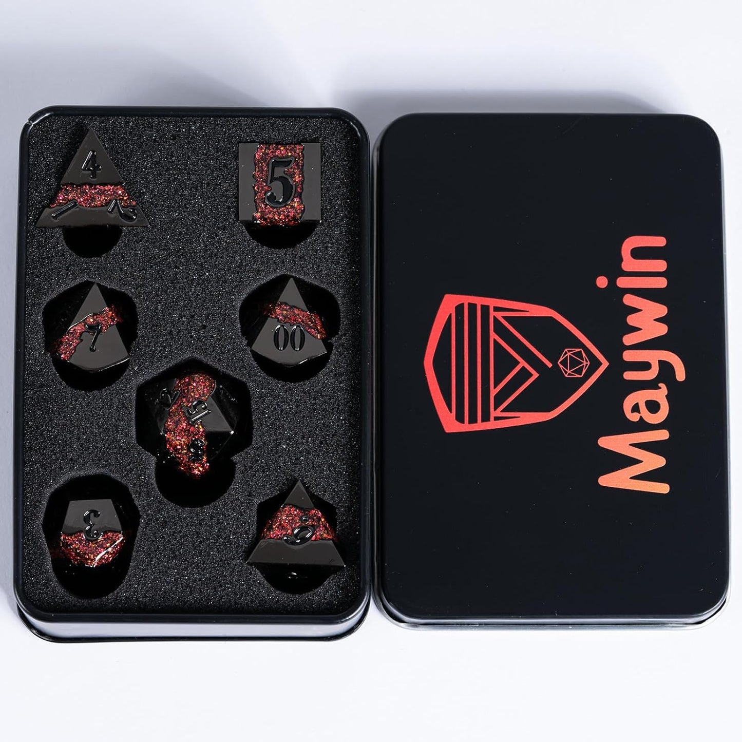 Metal DND Polyhedral Dice,Large Stripe Glitter Metallic Dice Set,Antique Silver Dice 7pcs Set for Role Playing Games(Black Nickel Red)