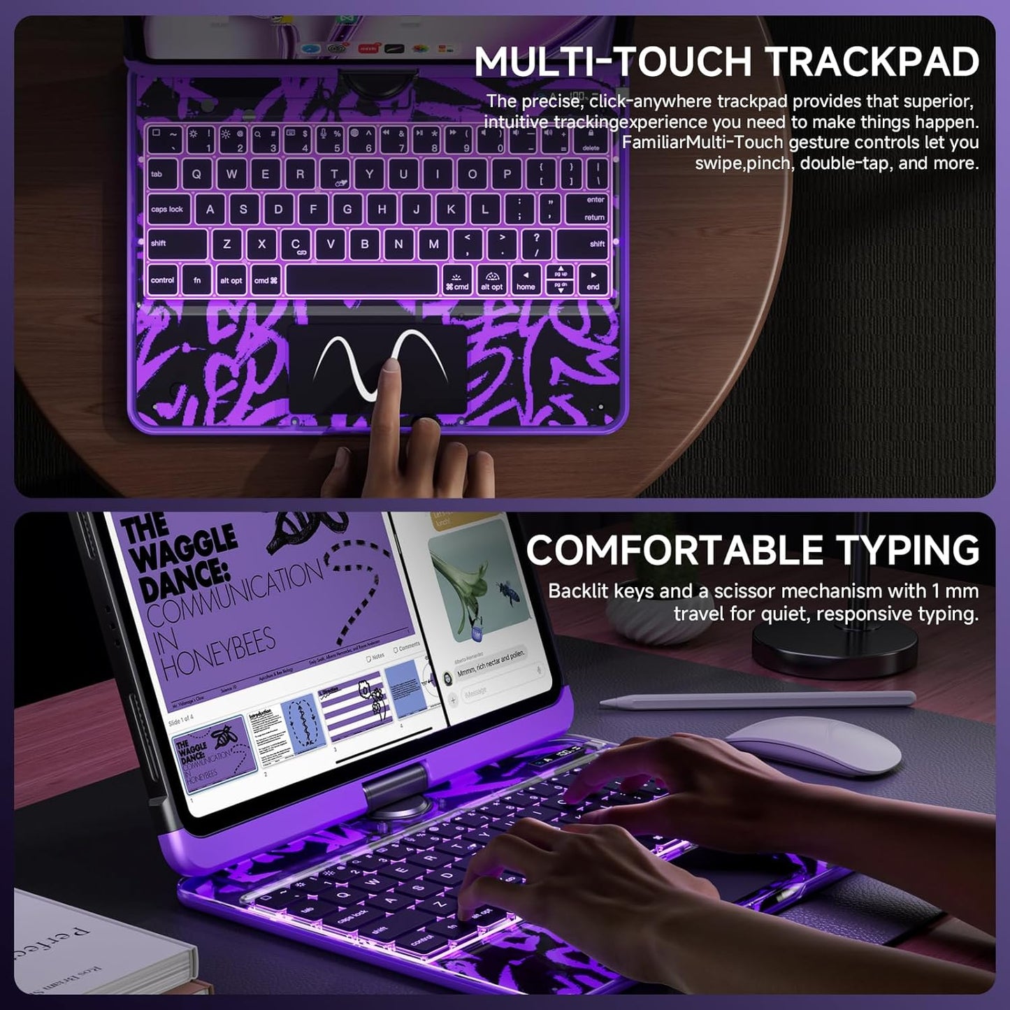 Transparent Case with Keyboard for 2024 iPad Pro 11-inch (M4),with 7-Color Backlit Wireless Keyboard, 360°Rotatable Protective Case Multi-Touch Trackpad,with Pencil Holder,with Shortcuts,Purple
