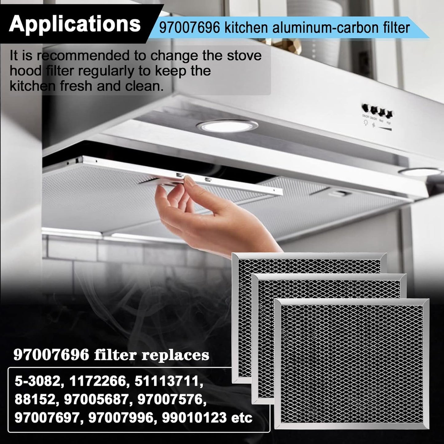 97007696 Charcoal Filter Replacement for Range Hood 41F Grease Filter 6105c 8-3/4" x 10-1/2" Aluminum Mesh Charcoal Carbon Filter Compatible with Most Brand Stove Vents -3 PACKS by Fetechmate
