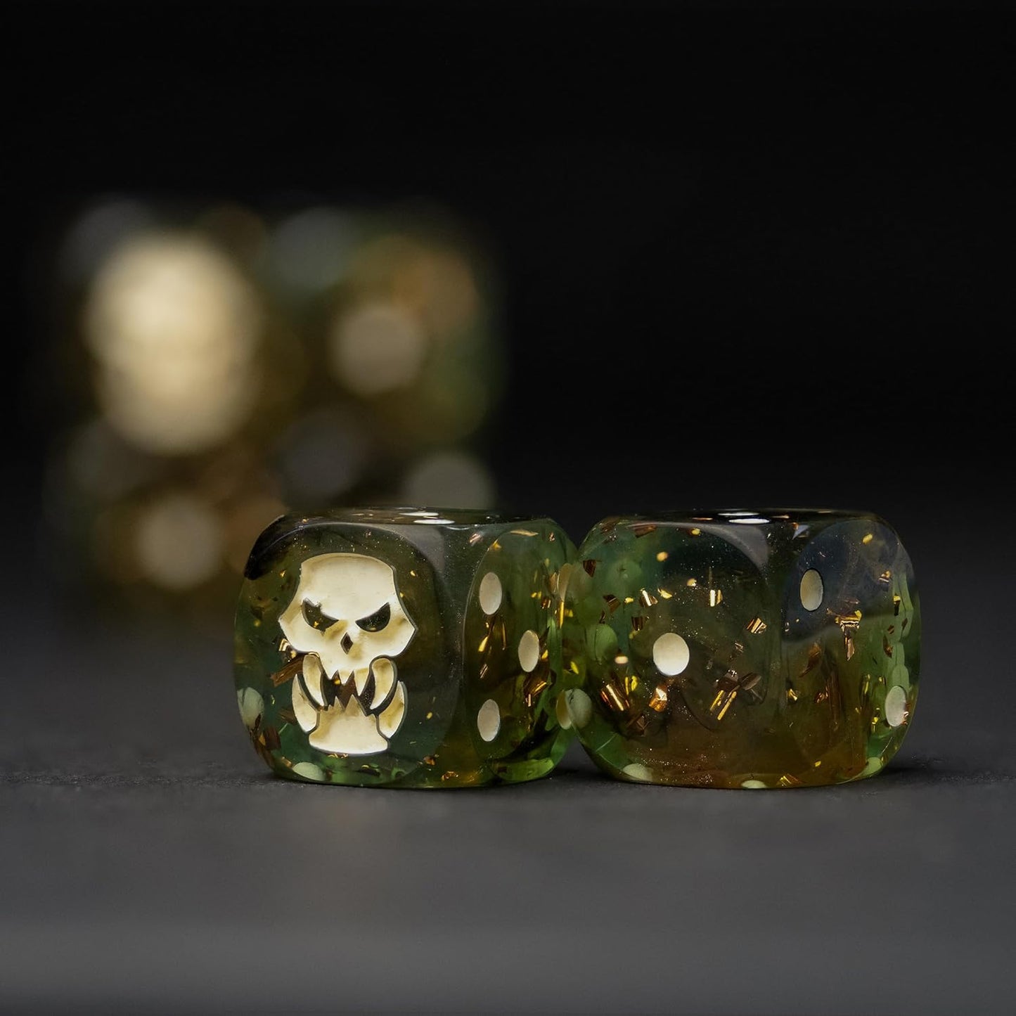Orc D6 Dice Set – 10 x 16mm Resin Dice with Savage Skull Emblem | Dark Green Wargaming Dice for RPG & Tabletop Battles