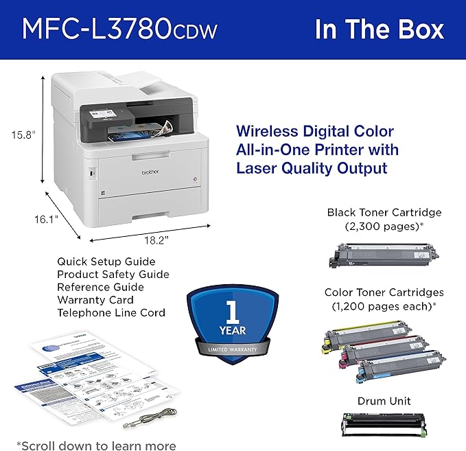 Brother MFC-L3780CDW Wireless Digital Color All-in-One Printer with Laser Quality Output, Single Pass Duplex Copy & Scan | Includes 2 Month Refresh Subscription Trial, Works with Alexa