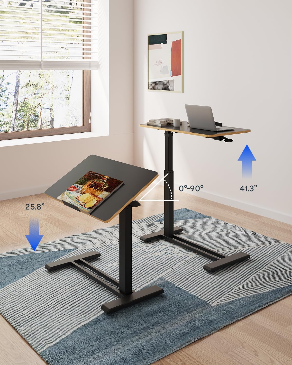 FLEXISPOT H7 PRO Mobile Standing Desk Adjustable Overbed Table Pneumatic with Wheels 90°Tiltable Portable Laptop Desk Rolling Computer Cart Foldable Bedside Table(31.5" W x 17.7" D D, Black)