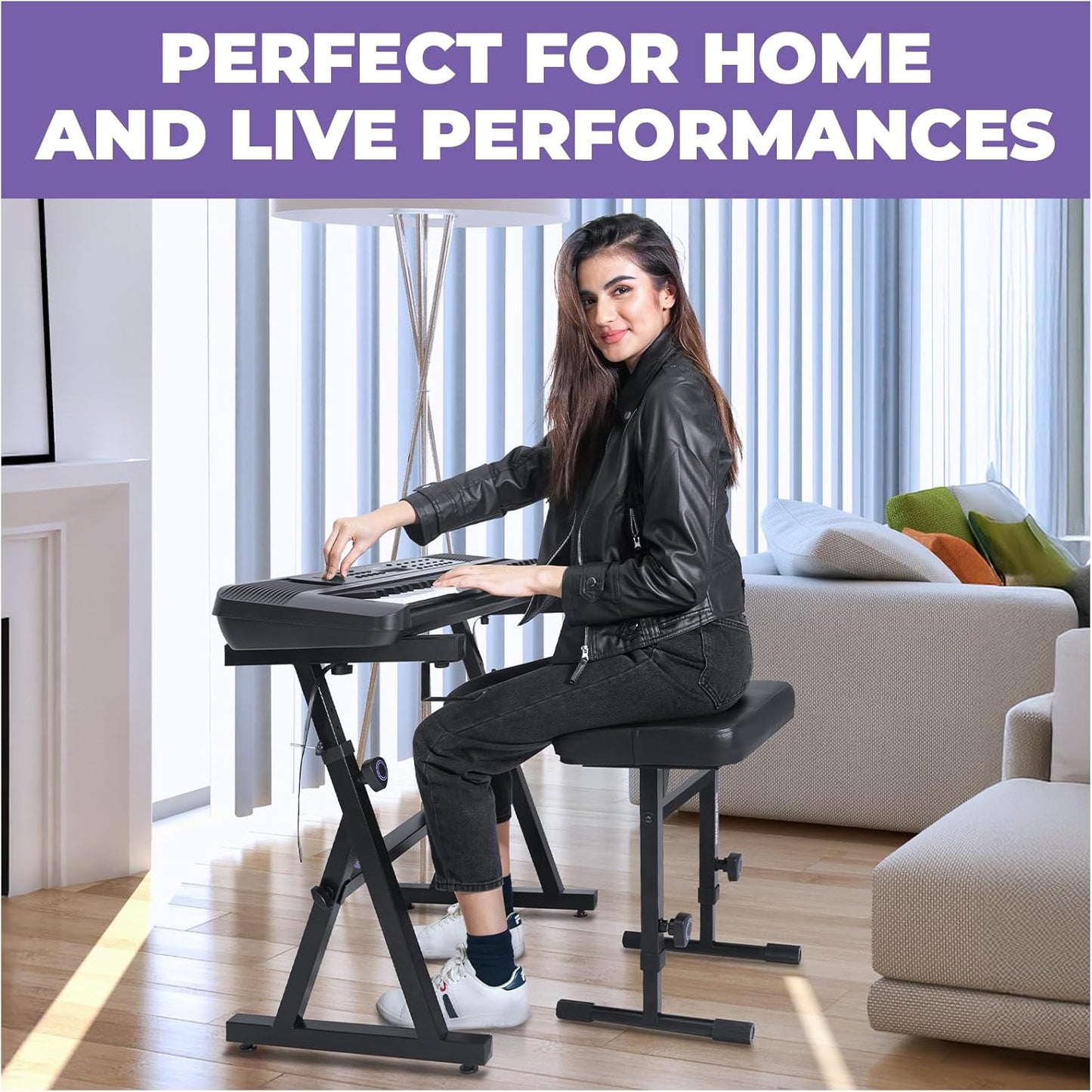 Liquid Stands Portable Heavy Duty Digital Piano Stand & Bench Set - Adjustable Keyboard Music Stand & Seat for 54-88 Key Electric Pianos