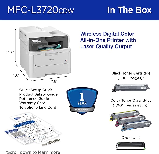 Brother MFC-L3720CDW Wireless Color Laser Printer with Scanner, Copier and Fax | Auto Duplex and 250-Sheet Capacity | Includes Refresh Subscription Trial(1). Amazon Dash Replenishment Ready