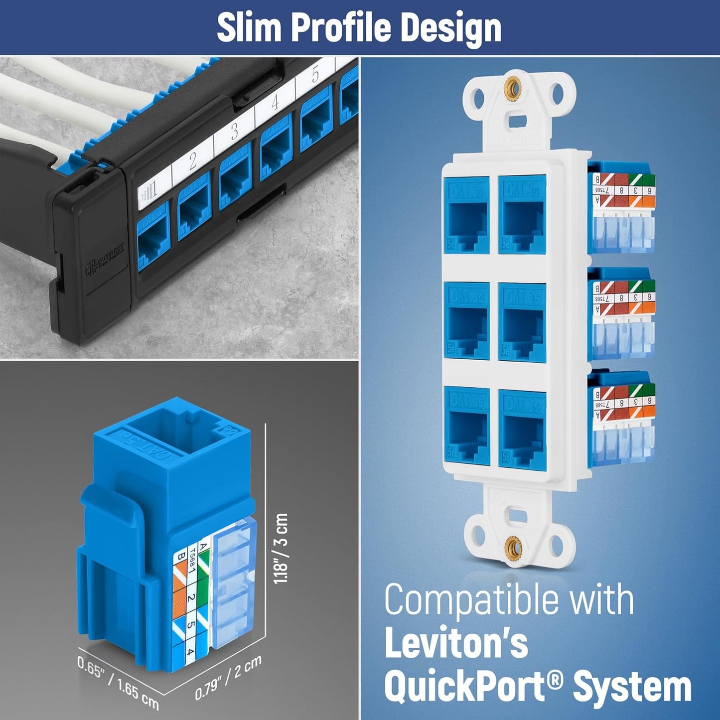Everest 90° Angled RJ45 Cat5e Keystone Jacks 10-Pack in Blue - Slim Profile Female RJ45 Connectors - Cat 5e Keystone Jack - Compatible with 90° Angled Speed Termination Tool - easyJACK (B094WB91H3)