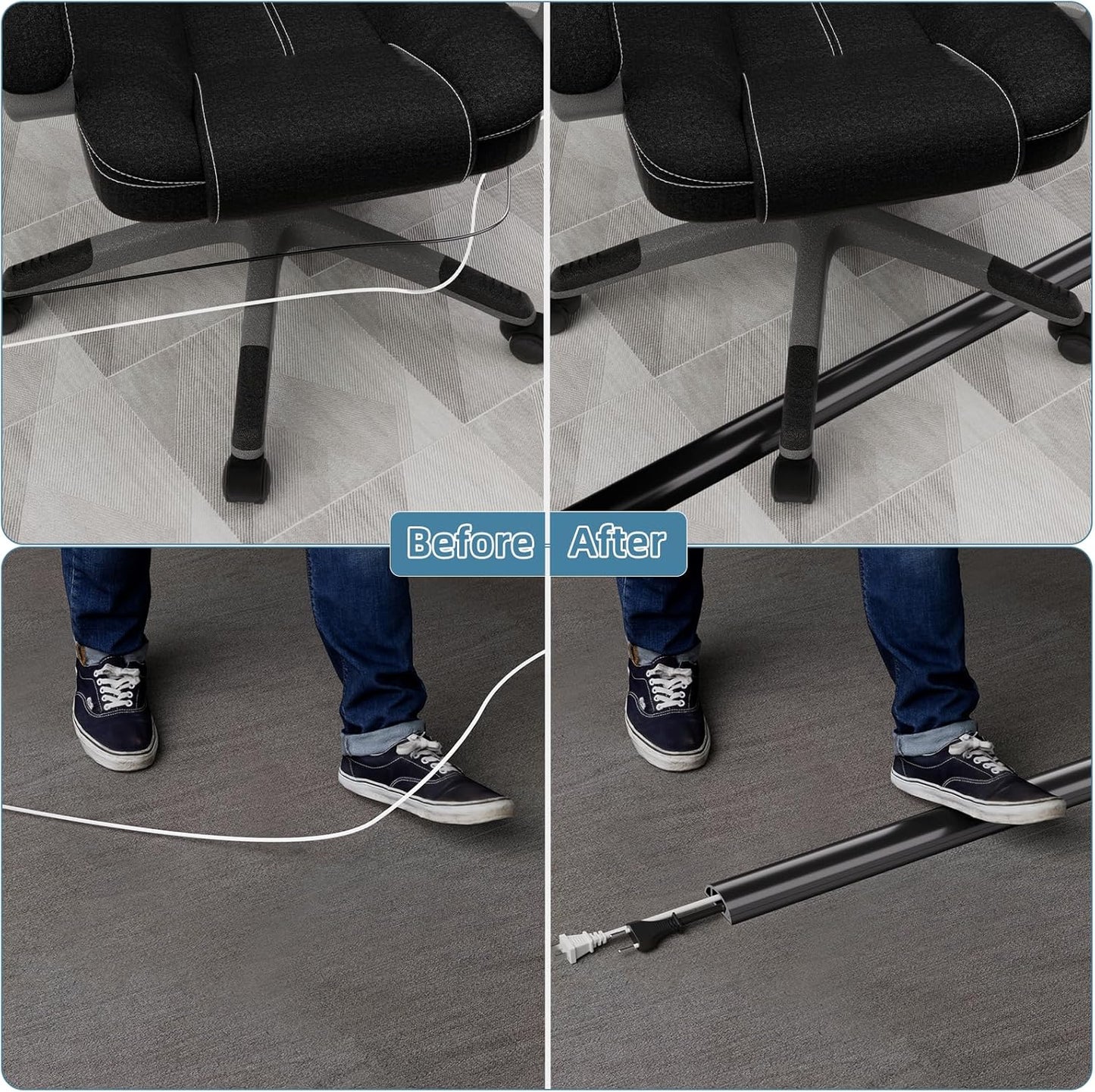 4ft Side Buckle Floor Cord Cover for Wires, Selfadhesive Extension Cord Hider Easy Floor Cable Management Prevent Cable Trips,Silicone Floor Wire Covers for Cords, Cable Protector Cord Cavity(Black)