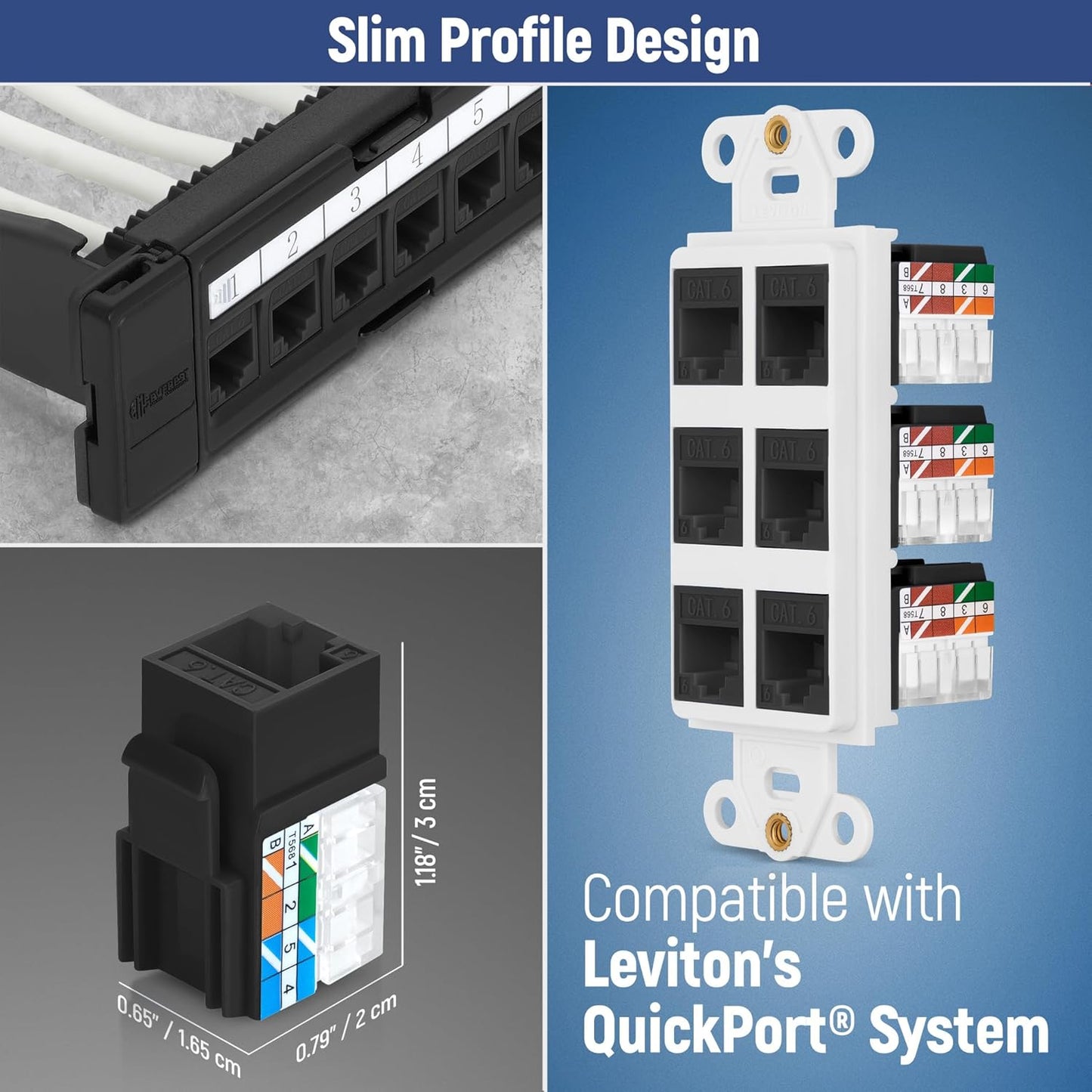 Everest 90° Angled RJ45 Cat6 Keystone Jacks 20-Pack in Black - Slim Profile Female RJ45 Connectors - Cat 6 Keystone Jack - Compatible with 90° Angled Speed Termination Tool - easyJACK (B094WB91H3)