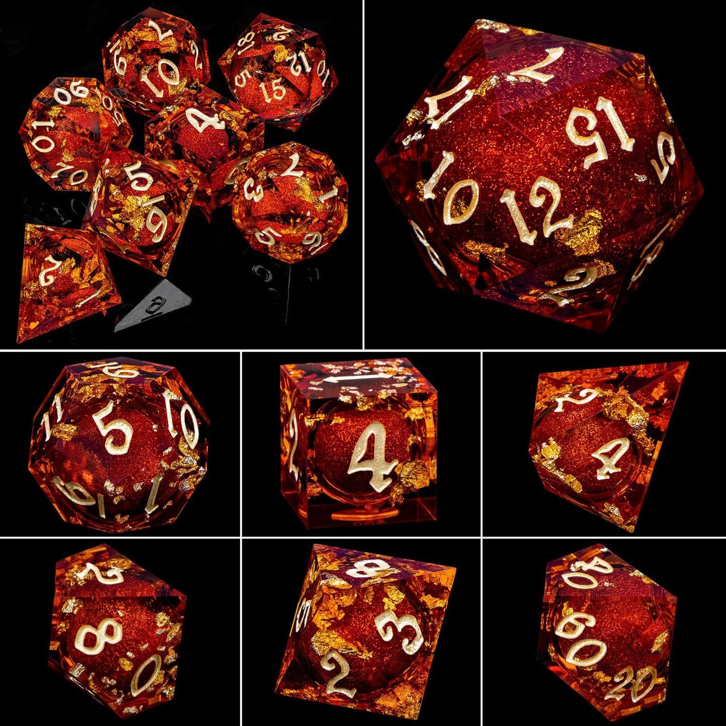 ARUOHHA Liquid Core DND Dice Set, 7pcs Resin Sharp Edged Dragons Dice Compatible with D&D Role Playing Games, RPG Golden Numbers Red Dungeons Polyhedral Dice with Gift Box, D and D Dice Set D20 D10 D6