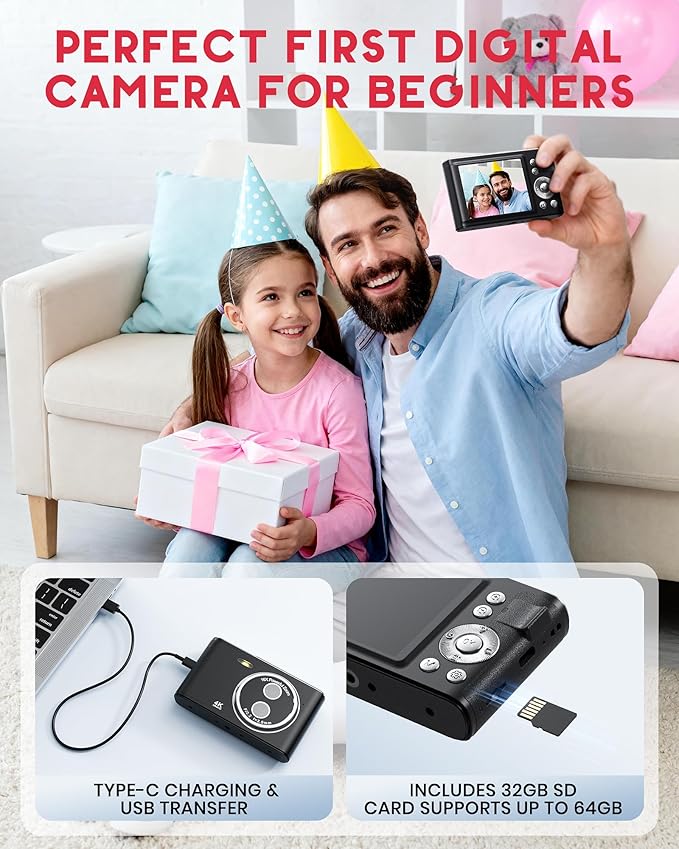 Digital Camera, 48MP FHD 1080P Point and Shoot Camera with 16x Zoom, Anti Shake Compact Portable Camera for Photography with 32GB Card, Autofocus Camara for Kids, Beginners, Teens, Black