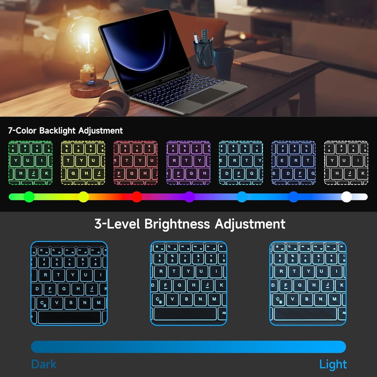 nimin Detachable Keyboard Cases for 12.4-inch Samsung Galaxy Tab S7+/S8+/S7FE, Built-in S Pen Holder, Trackpad, 7-Color Backlit, Shortcut Keys, Infinite Viewing Angles Stand, Auto Sleep/Wake