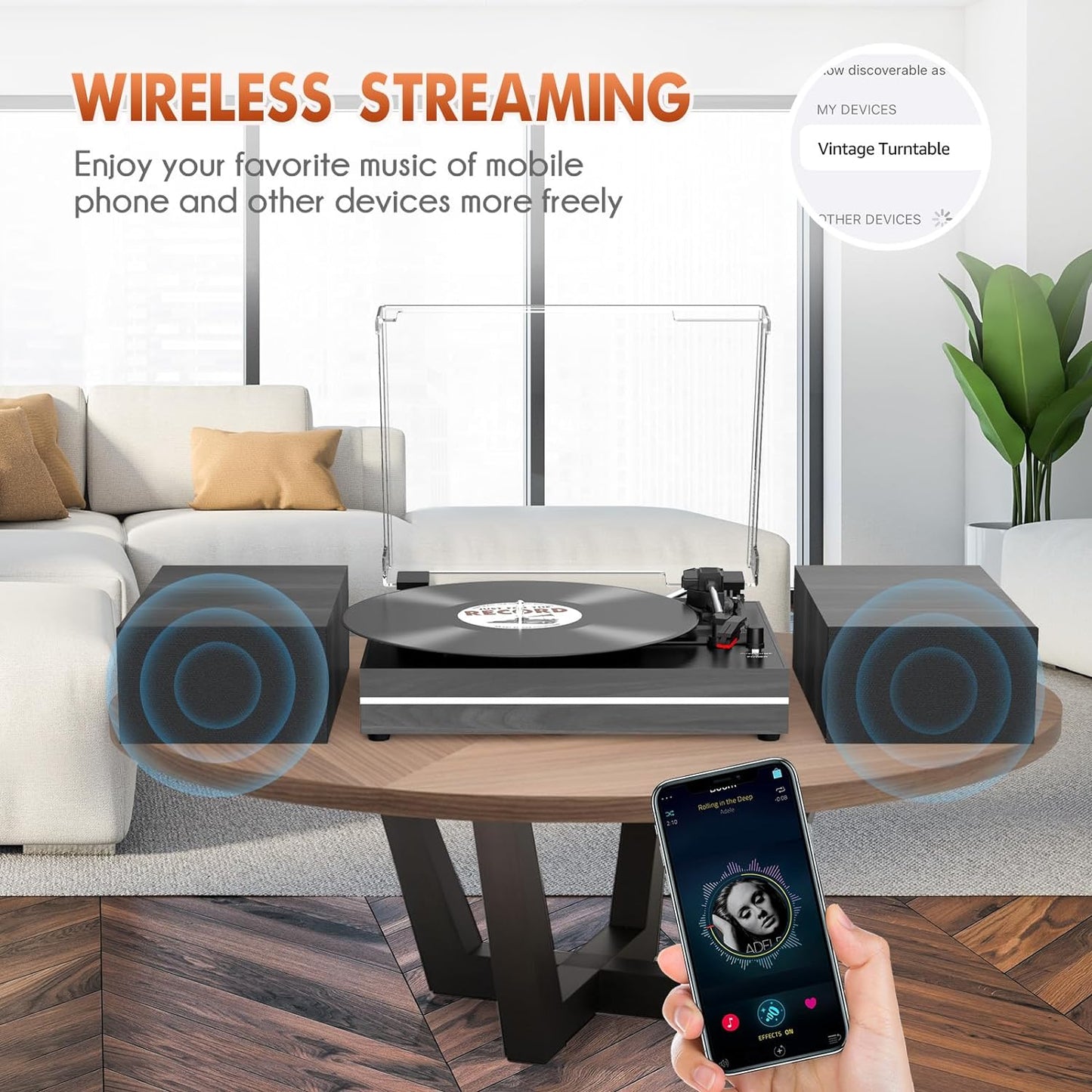 Vinyl Record Player with Dual Separate Stereo Speakers Vintage Turntable with BT Wireless Input Playback Belt Drive 3 Speed 3 Size Playback Record Player Support AUX Headphone Input RCA Out Auto Stop