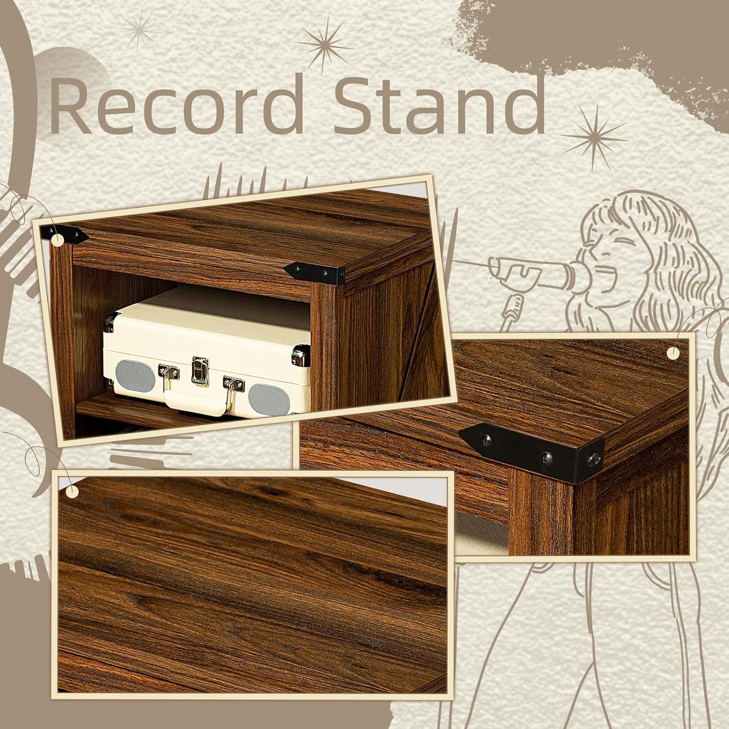 Record Player Stand with Vinyl Record Storage Holds up to 160 Albums,Large Wood Record Player Table,Brown Turntable Stand Cabinet Dispaly Shelf for Living Room,Bedroom,Office
