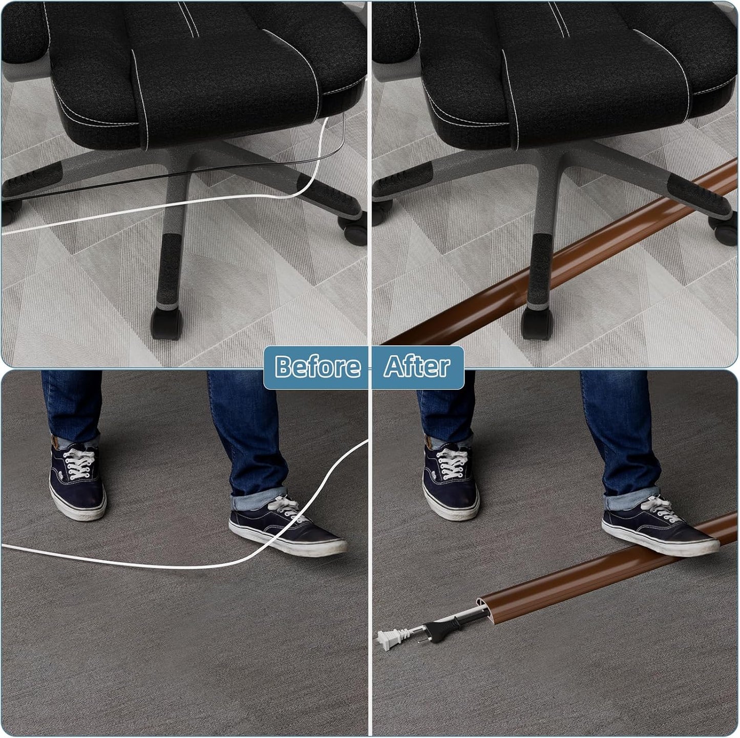 10ft Side Buckle Floor Cord Cover for Wires, Selfadhesive Extension Cord Hider Easy Floor Cable Management Prevent Cable Trips,Silicone Floor Wire Covers for Cords, Cable Protector Cord Cavity(Brown)