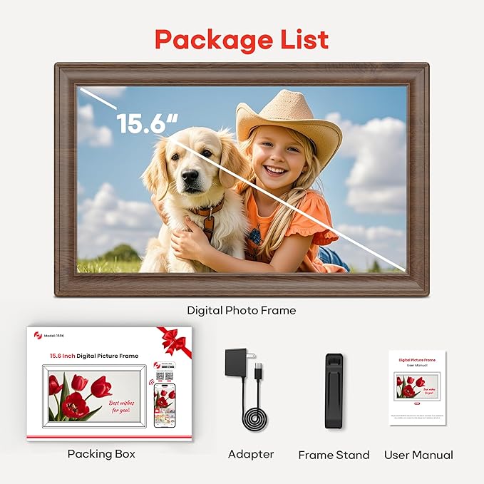 64GB 15.6" Frameo Digital Picture Frame WiFi, Large Electronic Photo Frames Wood 1920 x 1080 IPS FHD Touch Screen, Send Photos from Your Phone from Anywhere, Best Gifts for Family and Friends