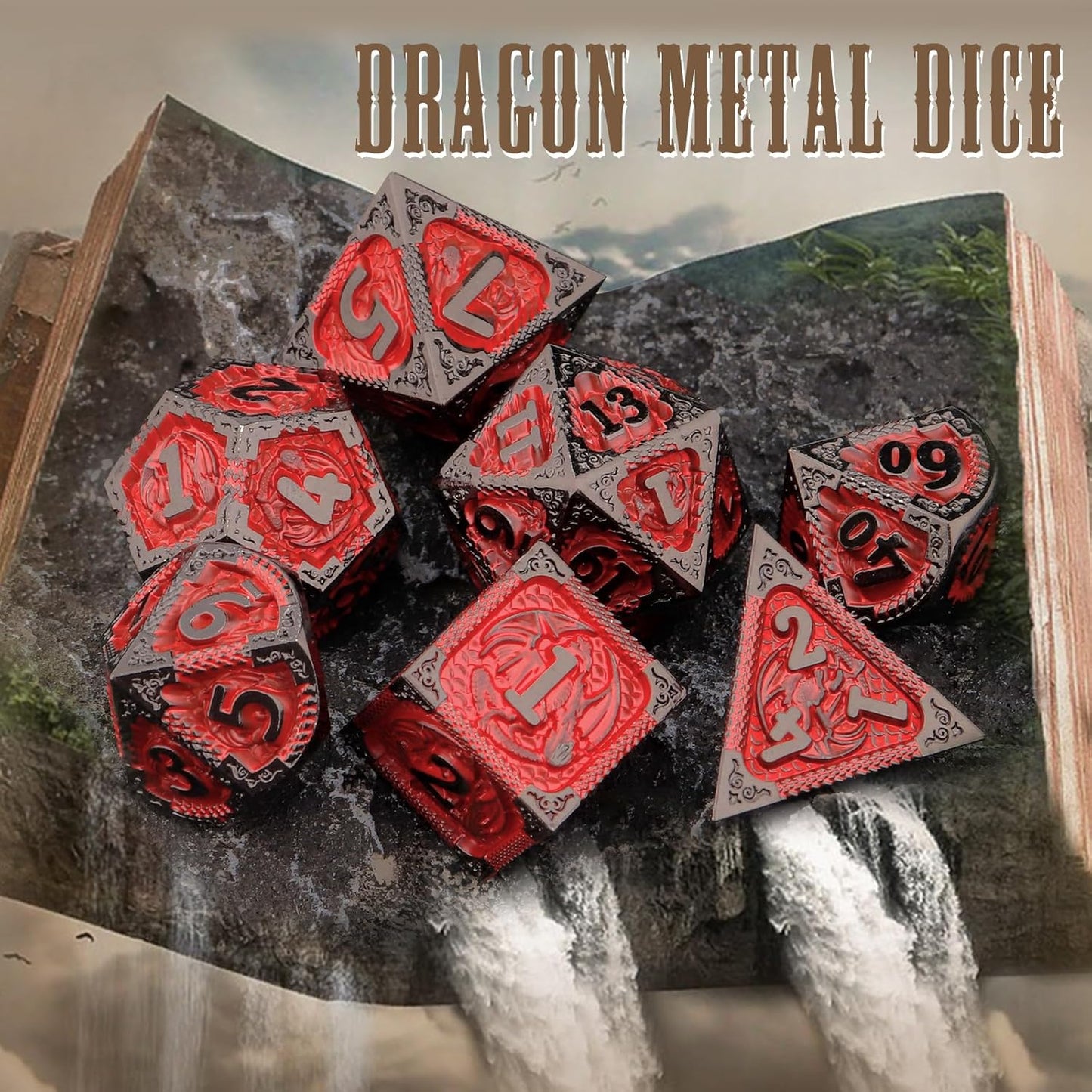 PJOY Metal DND Dice Set D&D Dragon Dice Black Red with Metal Case D and D Dice for Dungeons and Dragons TTRPG Gifts