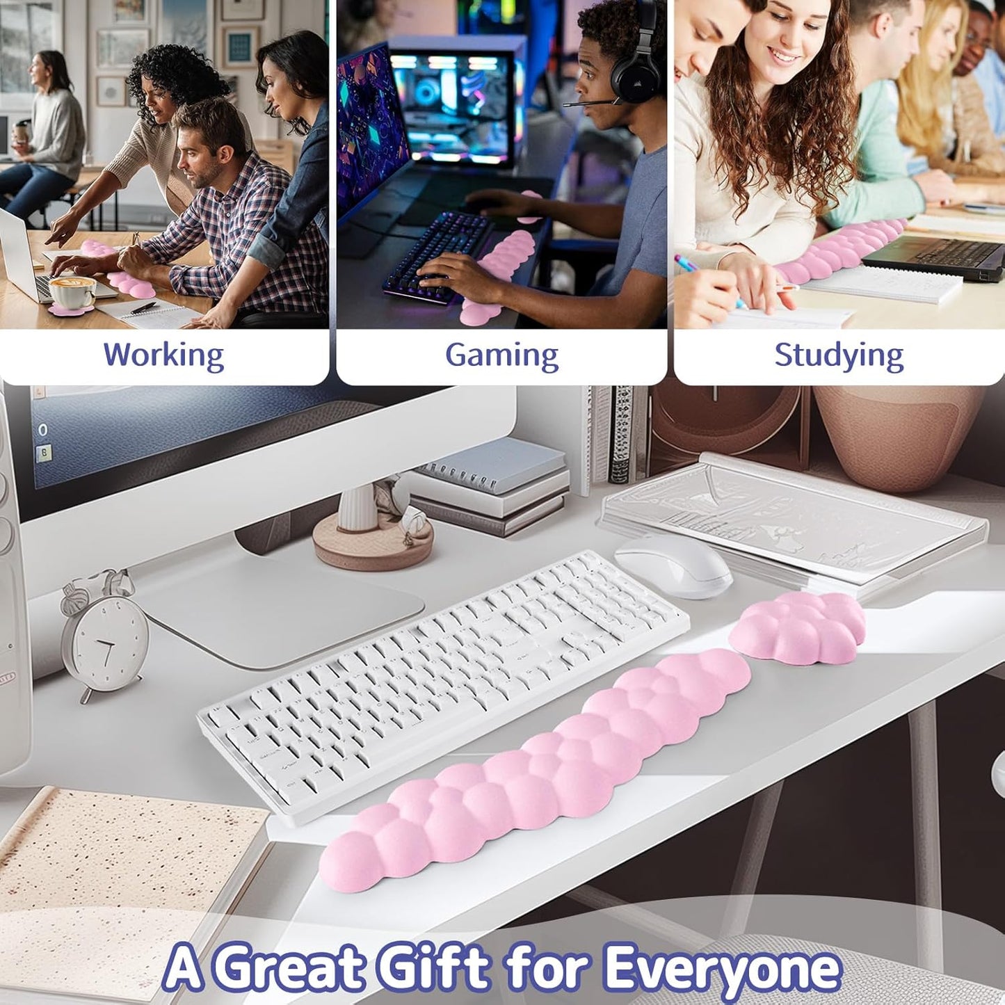 Cloud Wrist Rest for Keyboard and Mouse, Memory Foam PU Leather Keyboard Wrist Rest with Ergonomic Support, Non-Slip Base, Cute Arm Rest Pad & Palm Cushion, Office Desk Accessory, Pink