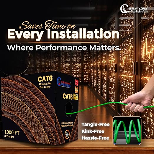 NewYork Cables | CAT6 Plenum Cable 1000ft UL/ETL Listed, 100% Pure Copper, UTP, 550MHz, 23AWG, 4Pair 10GB Ethernet Cable | Certified CMP-Rated Fire-Resistant (1000ft, Pure Copper UL Listed, Green)