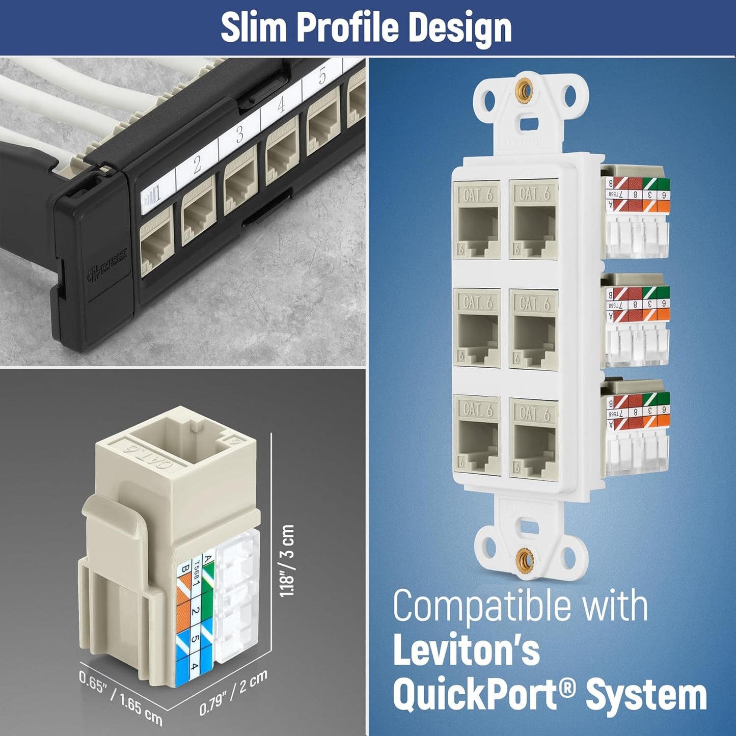 Everest 90° Angled RJ45 Cat6 Keystone Jacks 50-Pack in Ivory - Slim Profile Female RJ45 Connectors - Cat 6 Keystone Jack - Compatible with 90° Angled Speed Termination Tool - easyJACK (B094WB91H3)