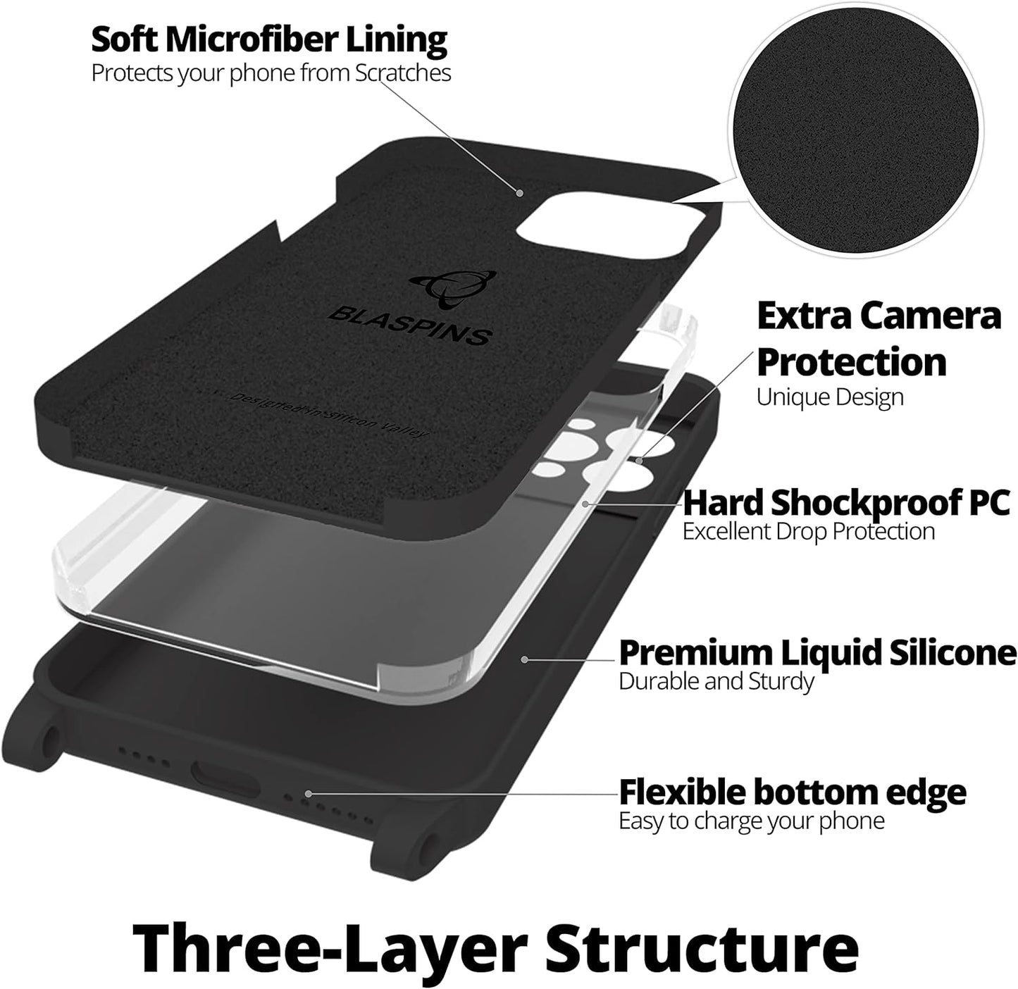 Blaspins Crossbody Lanyard Strap Case for iPhone 14, Neck Cross Body, Adjustable Holder Removable, Drop Protection Shockproof, Hands-Free Silicone Case Cover 6.1 inch, 150 cm Strap, iPhone 14 - Black