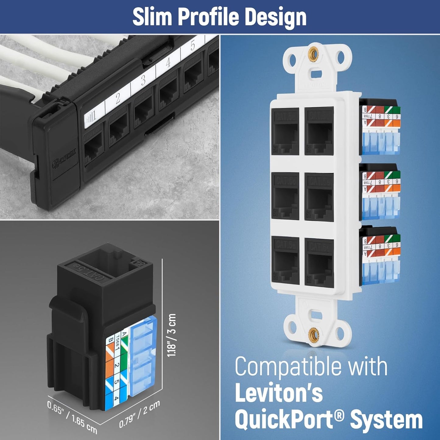 Everest 90° Angled RJ45 Cat5e Keystone Jacks 10-Pack in Black - Slim Profile Female RJ45 Connectors - Cat 5e Keystone Jack - Compatible with 90° Angled Speed Termination Tool - easyJACK (B094WB91H3)