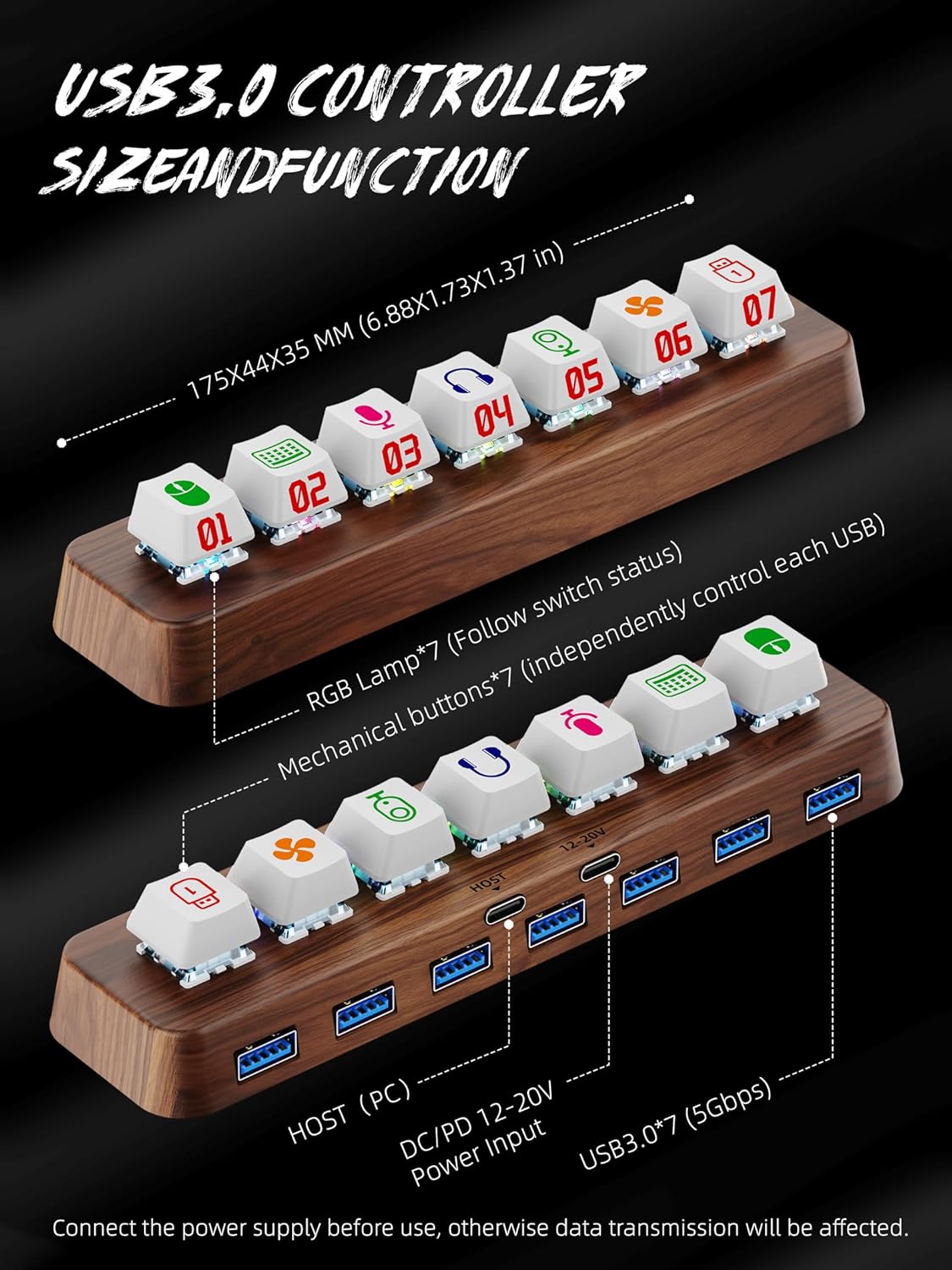 Walnut Wood 7-Port Powered USB 3.0 Hub, 5Gbps Data Transfer, Independent Hot-Swappable 3-Pin Mechanical Keyboard Switch Expander, RGB Backlit Docking Station-FU07