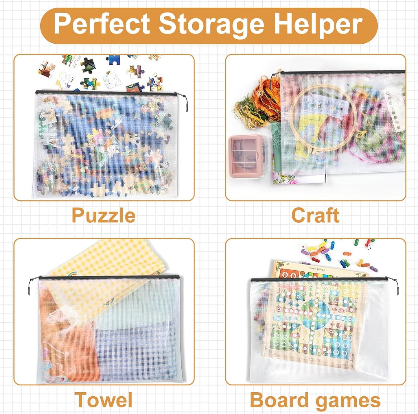 24pcs Mesh Zipper Pouch Puzzle Storage Bags A3 17x12 Inches Large File Bags Black Reusable Zipper Pouches for Organizing, Classroom Board Game Organization