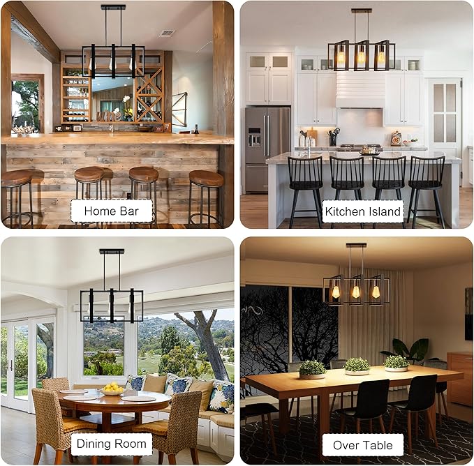3-Light Island Lights for Kitchen, Rectangular Black Metal Kitchen Island Chandelier 23.6" Adjustable Rustic Modern Dining Room Light Fixtures Over Table, Chandeliers for Dining Room