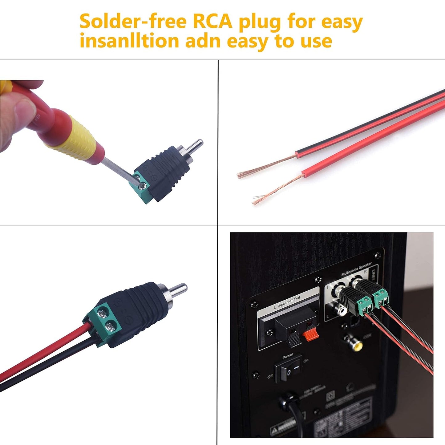 RCA Plugs for Speaker Wire,RCA to AV Screw Terminal Connector, Phono RCA Male Plug Solderless Converter Audio/Video Speaker Wire Connectors Solderless Adapter