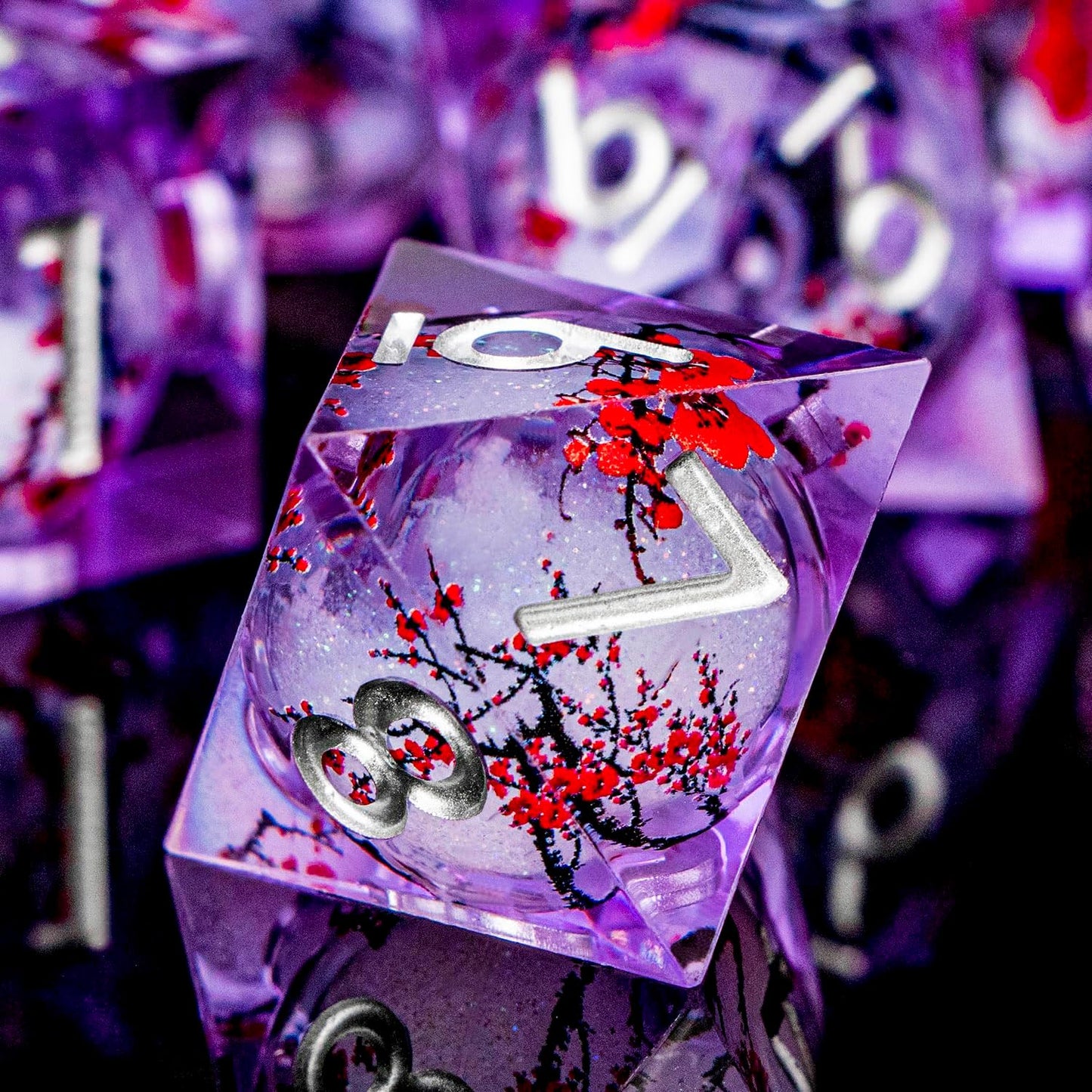 Plum Blossom DND Dice Purple Liquid Core Dice Set with Metal Box, Handmade Sharp Edge Dice D and D Polyhedral Dice for use with D&D RPG Role Playing Game