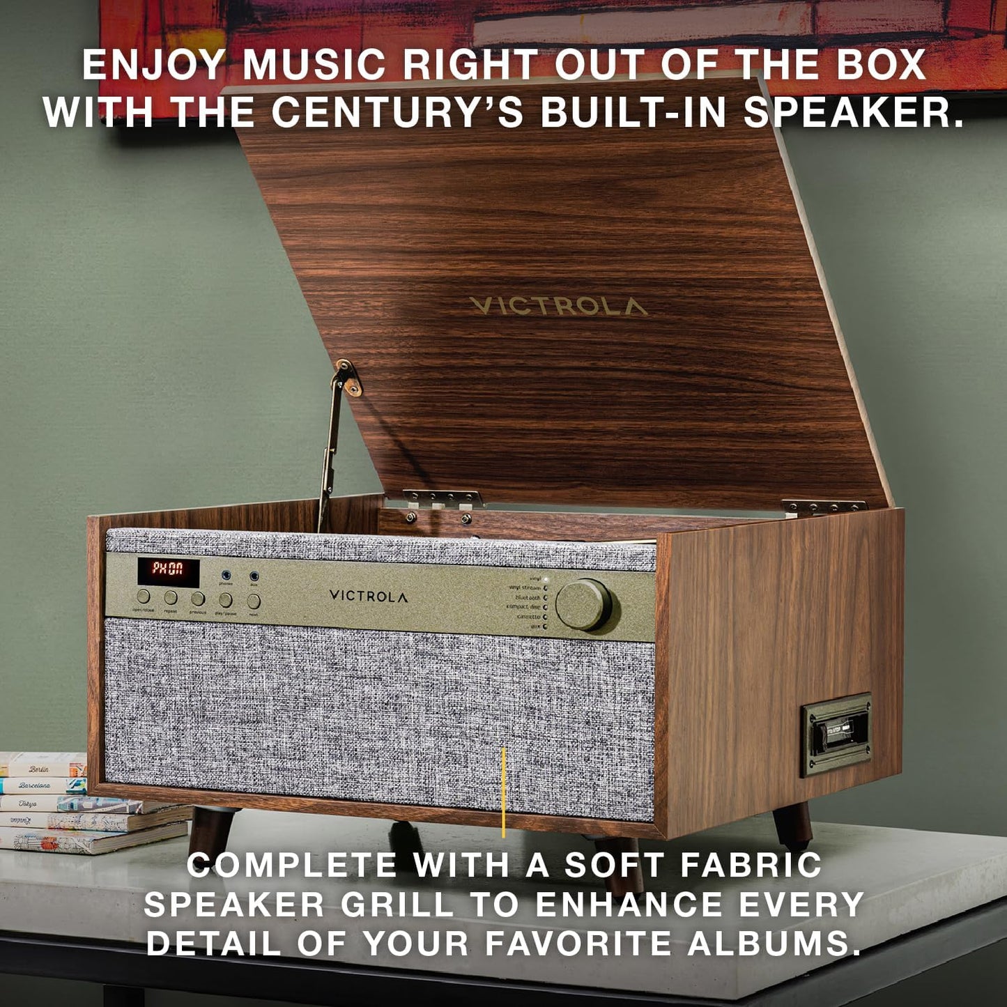 Victrola Century 6-in-1 Vinyl Record Player & Music Center – 3-Speed Turntable, CD & Cassette Player, VINYLSTREAM, Bluetooth & 3.5mm Aux, Record Player with Speakers, Mid Century Design (Natural)