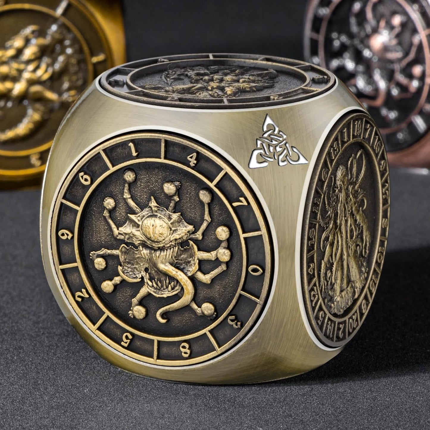 7 in 1 D6 Spinner DND Dice Set D&D, Metal Cube D and D Dice with Gift Box, Dungeons Dragons Role Playing Dice, Bronze