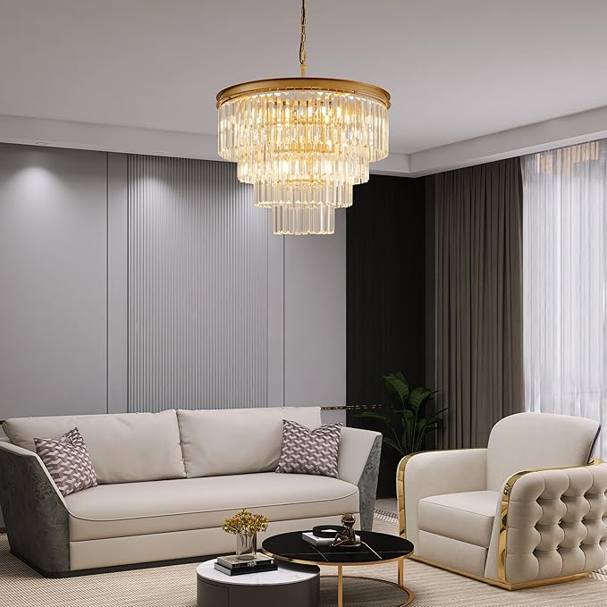 Gold Crystal Chandelier 10-Lights 22.9" Crystal Pendant Lights 4-Tier Luxury K9 Ceiling Hanging Dining Room Light Fixture for Hallway Living Room Bedroom Kitchen Island Entryway Stairway Office