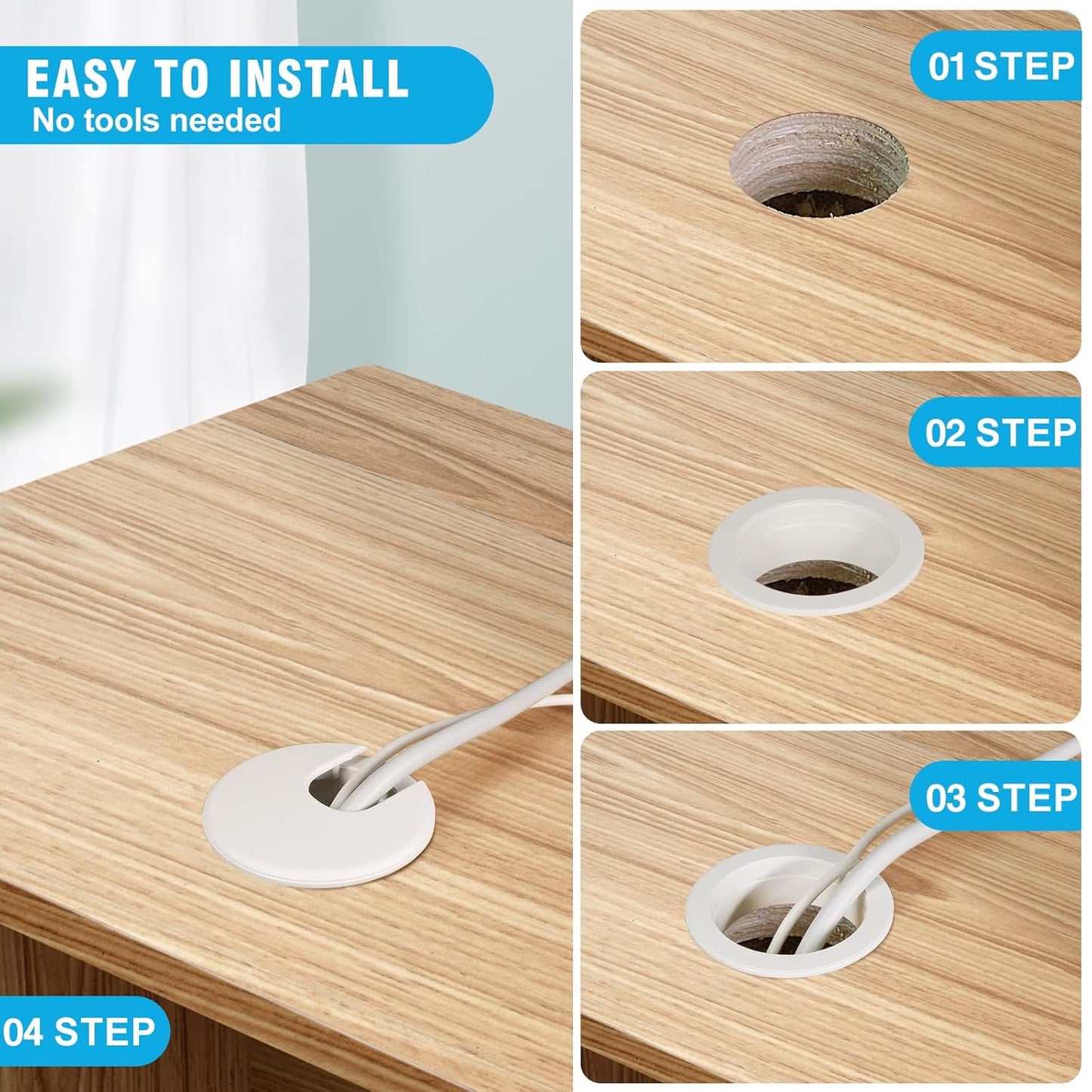 1-3/8" White Desk Grommet, JTemgle Plastic Cable Hole Cover Computer Table Cord Wire Organizer Caps Desktop Cord Management for Home Office TV Stands Tabletops, 5 Pieces