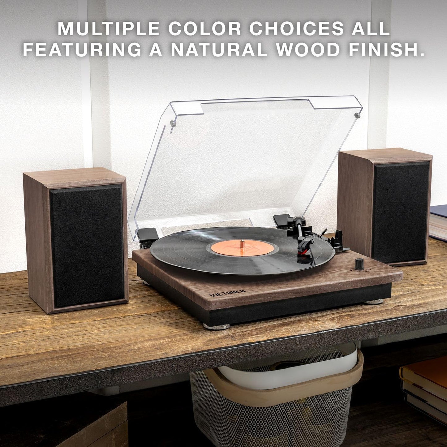 Victrola Montauk Vinyl Record Player, 3-Speed Belt Driven Turntable with Stereo Bluetooth Speaker Pair, RCA Output & 3.5mm Headphone Jack, Removable Dust Cover, Black Wood Finish